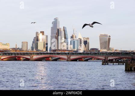 London, Großbritannien. Januar 2024. Vögel fliegen über die Themse in London, Großbritannien, 28. Januar 2024. Nach Angaben des Met Office, Großbritanniens nationaler Wetterdienst, war der 28. Januar der heißeste Tag, der jemals in Großbritannien aufgezeichnet wurde, mit einer Temperatur von über 19 Grad Celsius. Quelle: Li Ying/Xinhua/Alamy Live News Stockfoto