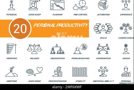 Symbolsatz für persönliche Produktivität. Kreative Symbole: Potenzial, guter Schlaf, Planung, Zeitsteuerung, Automatisierung, Erfahrung, Fähigkeiten und mehr Stock Vektor
