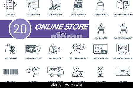 Kontursymbole für Online-Shop festgelegt. Kreative Symbole: wunschliste, Favoritenliste, Pay-per-Click, Kasse, Einkaufstasche, Paketverfolgung, in den Warenkorb legen Stock Vektor