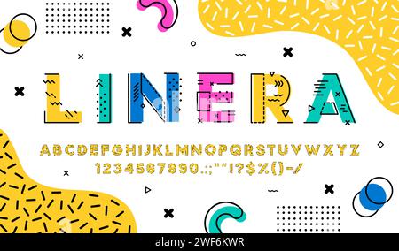 Geometrische Umrissschrift, moderner abstrakter Linientyp, futuristische technische Schrift, englisches Alphabet. Vector Contemporary abc verfügt über minimalistische lineare Buchstaben, Zeichen und Zahlen im farbenfrohen memphis-Stil Stock Vektor