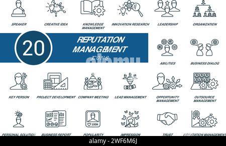 Reputationsmanagement-Kontursymbole festgelegt. Kreative Symbole: Sprecher, kreative Idee, Wissensmanagement, Innovationsforschung, Führung, Organisation Stock Vektor