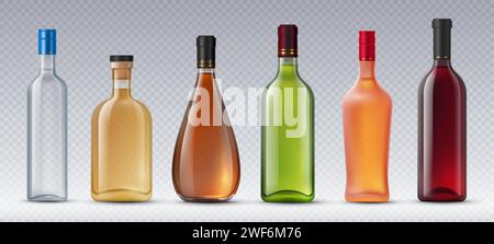 Realistische Alkoholglasflaschen. Wodka und Tequila, Cognac und Whiskey, Rot- und Weißwein. Isolierte Vektorbehälter gefüllt mit flüssigen alkoholischen Getränken, optisch ansprechende Verpackungslösung Stock Vektor