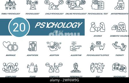 Symbolsatz für psychologische Konturen. Kreative Symbole: Familienpsychologie, Psychologe, Kinderpsychologie, Online-Psychologie, psychologische Tests und mehr Stock Vektor