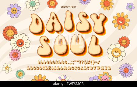 Groovige Schriftart, Groove-Typ, Hippie-Retro-Schrift, psychedelisch-funky-Alphabet. Englisches abc mit skurrilen Kurven und Hippie-Flair. Lebendige Vektorbuchstaben, Zahlen und Zeichen mit nostalgischen Gänseblümchen Stock Vektor