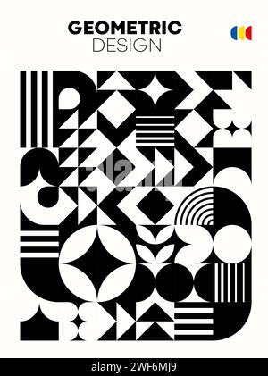 Modernes monochromes abstraktes Poster mit geometrischem bauhaus-Muster. Vertikaler Vektorhintergrund in Schwarz und weiß, der Einfachheit und Raffinesse für optisch eindrucksvolles Design mit zeitloser Ästhetik vereint Stock Vektor