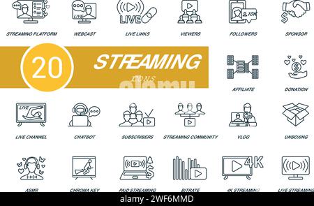 Symbole für Streaming-Kontur festgelegt. Kreative Symbole: Streaming-Plattform, Webcast, Live-Links, Zuschauer, Follower, Sponsor, Affiliate, Spende, Live-Kanal Stock Vektor