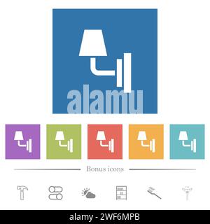 Wandleuchte flache weiße Symbole in quadratischen Hintergründen. 6 Bonus-Symbole enthalten. Stock Vektor