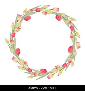 Tulpenstrauß. Aquarellillustration Frühlings-Blumenkranz. Postkarte für Ostern, Frauentag und andere Feiertage. Gelb, rosa, rot, Tulpe mit lea Stockfoto
