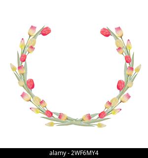 Tulpenstrauß. Aquarellillustration Frühlings-Blumenkranz. Postkarte für Ostern, Frauentag und andere Feiertage. Gelb, rosa, rot, Tulpe mit lea Stockfoto