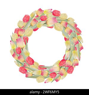 Tulpenstrauß. Aquarellillustration Frühlings-Blumenkranz. Postkarte für Ostern, Frauentag und andere Feiertage. Gelb, rosa, rot, Tulpe mit lea Stockfoto