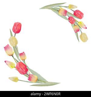 Tulpenstrauß. Aquarellillustration Frühlings-Blumenkranz. Postkarte für Ostern, Frauentag und andere Feiertage. Gelb, rosa, rot, Tulpe mit lea Stockfoto