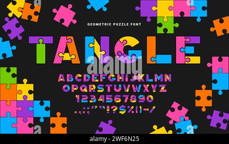 Schriftart für Puzzle-Spiele, Quiztyp, Puzzle-Schriftart, geometrisches englisches Alphabet, ähnelt Puzzle-Stücken. Vektorbuchstaben, Zahlen und Zeichen verbinden sich nahtlos und erzeugen lebendige kindliche, zusammenhängende Schriften Stock Vektor