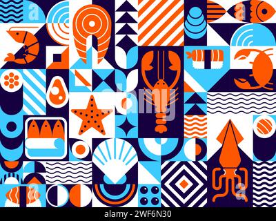 Abstrakte Meeresfrüchte modernes geometrisches Muster, Vektor-Mosaikfliesen Hintergrund. Meeresfrüchte in geometrischen Formen Muster von Fisch für Sushi, Garnelen und Lachs mit Krabben und Austern, Meeresfrüchten Tintenfisch und Kaviar Stock Vektor