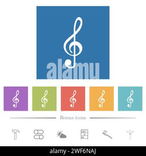 Flache weiße Symbole mit quadratischem Hintergrund. 6 Bonussymbole enthalten. Stock Vektor