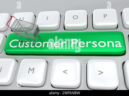 3D-Illustration eines Warenkorbs, der auf der Computertastatur mit dem Skript Customer Persona platziert wird Stockfoto