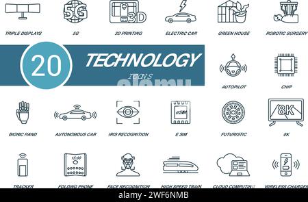 Symbolsatz für Technologiekonzepte. Kreative Symbole: Dreifache Displays, 5 g, 3D-Druck, Elektroauto, Treibhaus, Roboterchirurgie, Autopilot, Chip, bionisch Stock Vektor