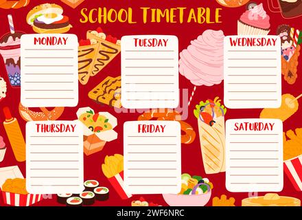 Schulpädagogik. Fastfood, Desserts und Getränke Zeitplan oder studieren Planer mit Vektor Hintergrund Rahmen von Cartoon Eierburger, Maishund, Hühnchen Nuggets und Pommes, Eis und Cupcake Stock Vektor