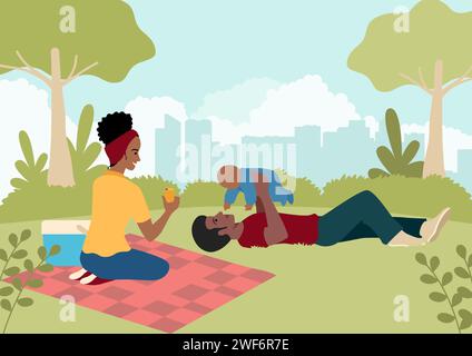 Einfache flache Vektor-Illustration der glücklichen schwarzen Familie, die mit ihrem Baby im Stadtpark spielt Stock Vektor