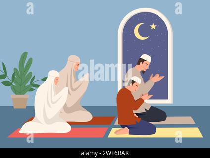 Einfache flache Vektor-Illustration der muslimischen Familie, die zusammen betet Stock Vektor