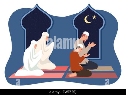 Einfache flache Vektor-Illustration der muslimischen Familie, die zusammen betet Stock Vektor
