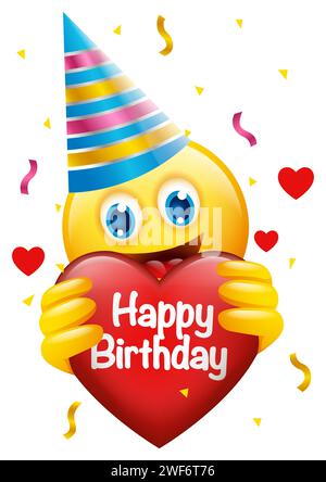Emoticon Gesicht trägt Geburtstagskappe, die die Herzform mit Happy Birthday Nachricht, Vektor-Illustration hält Stock Vektor