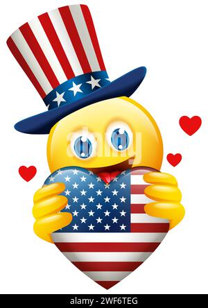 Emoticon Gesicht trägt Onkel Sam Hut, der die Herzform des USA-Insignien hält, Vektor-Illustration Stock Vektor