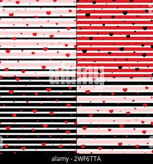 Abstraktes nahtloses Muster mit Herzen und gestreiftem Hintergrund. Romantische, nahtlose Musterillustration in flachem Design. Herzform auf gestreiftem Hintergrund Stock Vektor