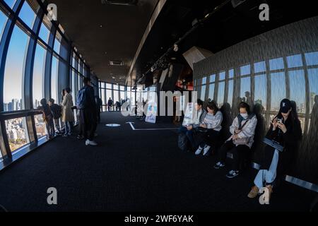 Tokio, Japan. Januar 2024. Menschen, die das Stadtpanorama vom mittleren Observatorium am Tokioter Turm im Stadtzentrum aus betrachten Stockfoto