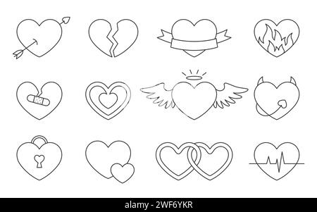 Love Heart Icon saint valentine Day Doodle Black Line Set. Editierbar Schlaganfall verzauberte Schloss Engel gebrochenes Herz Trennung Teufel Hochzeit amur amur amur amulett Pfeil Kardio Puls Band herzlichen Glückwunsch isoliert Stock Vektor