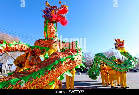 Zhangye, China. Januar 2024. Am 28. Januar 2024 Proben Künstler einen Drachentanz in Zhangye, China. (Foto: Costfoto/NurPhoto) Credit: NurPhoto SRL/Alamy Live News Stockfoto