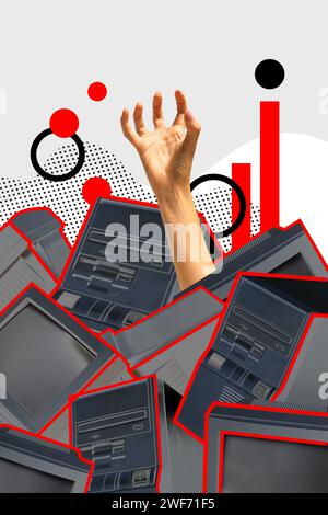 Zeitgenössische Kunstcollage. Weibliche Hand, die mit einer großen Anzahl von Blöcken vom Computer entfernt ist. Digitale Detox. Stockfoto