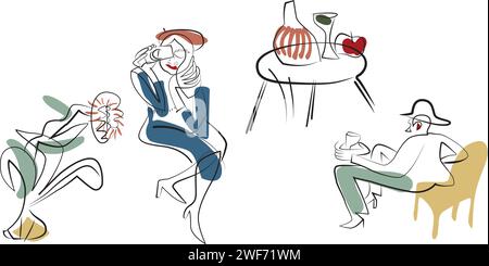 Abstrakte Illustration einer Frau und eines Mannes, die sitzen, Kaffee trinken, sprechen am Telefon, fotografieren Tisch mit Glas und Flasche eine Blume und Blätter Stock Vektor