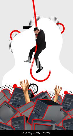 Zeitgenössische Kunstcollage. Weibliche Hand mit einer großen Anzahl von Blöcken vom Computer, die versuchen, einen Mann zu erreichen, der vor Gadget fliehen will Stockfoto