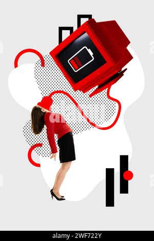 Zeitgenössische Kunstcollage. Retro-PC, der mit Kabel am Gesicht des Mädchens befestigt ist und von ihr aufgeladen wird. Social Media sucht. Digitale Detox. Stockfoto