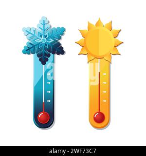 Vektorthermometer bei heißem Sommer und kaltem Winter. Symbol mit Symbol Sonne und Schneeflocke in flachem Design. Abbildung: Karte, Banner, Stock Vektor