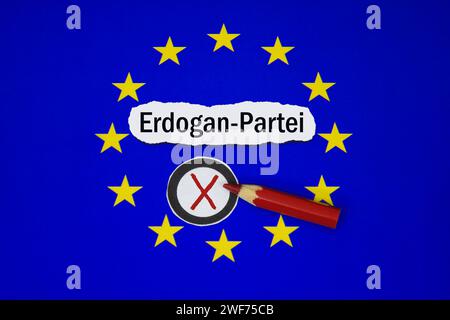 EU-Symbol mit Erdogan-Partei und Wahlkreuz mit Rotstift, 29.01.2024, Borkwalde, Brandenburg, auf einem EU-Symbol befindet sich der Schriftzug Erdogan-Partei mit einem Wahlkreuz und Rotstift. Symbolbild, Symbolfoto, Schriftzug, DAVA, Erdogan-Partei, DAVA-Partei, Demokratische Allianz für Vielfalt und Aufbruch, türkisch-islamistische Partei, politische Partei, Parteineugründung, neue Partei, AKP-Ableger, Europawahl, Europawahlen, EU-Wahl, EU-Wahlen, Einflussnahme, Fahne, Flagge, Staatssymbol, Symbol, EU-Fahne, EU-Flagge, Europafahne, Europaflagge, EU-Symbol, Logo, EU-Logo Stockfoto