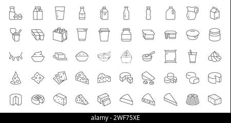 Symbolgruppe für Milchprodukte. Hüttenkäse, Sauerrahm, Porridge, Kefir, Parmesan, Mozzarella, Gouda, Joghurt-Vektor-Illustrationen. Einfache Gliederung Stock Vektor