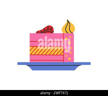 Ein Stück Kuchen mit roter Erdbeere. Flacher Kuchen. Vektorillustration auf weißem Hintergrund isoliert. Stock Vektor