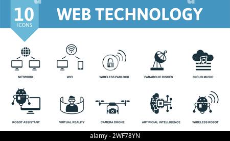 Symbolgruppe für Web Technology. Enthält bearbeitbare Symbole, Internet-Technologie-Themen wie Netzwerk, drahtloses Vorhängeschloss, Cloud-Musik und mehr. Stock Vektor