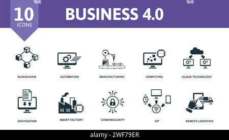 Business 4,0 Symbolsatz. Enthält bearbeitbare Symbole aus Industrie 4,0 wie Blockchain, Fertigung, Cloud-Technologie und mehr. Stock Vektor