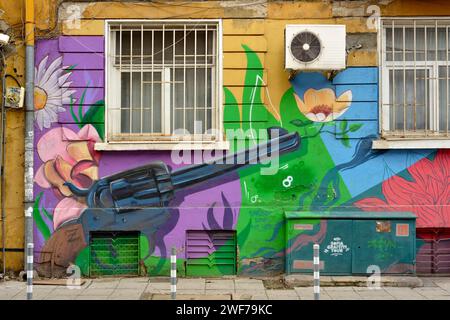 Große Revolverpistole und Blumen Graffiti Street Art auf verwitterten Wohnwand in Sofia, Bulgarien, Osteuropa, Balkan, EU Stockfoto