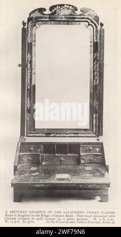 Der Möbelsammler : alte englische Möbel aus dem XVII & XVIII Jahrhunderte. Veröffentlicht im Herbert Jenkins Buch eine Einführung in die Studie der englischen Stile des 17. Und 18. Jahrhunderts von Edward W. Gregory mit 55 Illustrationen typischer Möbelstücke aus öffentlichen und privaten Sammlungen. Ein restauriertes Beispiel der lackierten Toilettengläser. Hergestellt in England unter der Herrschaft von Königin Anne. Kiefernholz dekoriert mit chinesischen Motiven in goldenem Lack auf grünem Grund (... ) Im Zimmer 55 des Victoria and Albert Museum, South Kensington Stockfoto