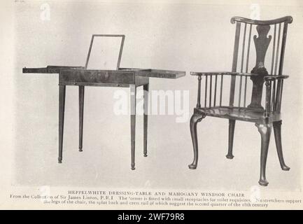 Der Möbelsammler : alte englische Möbel aus dem XVII & XVIII Jahrhunderte. Veröffentlicht im Herbert Jenkins Buch eine Einführung in die Studie der englischen Stile des 17. Und 18. Jahrhunderts von Edward W. Gregory mit 55 Illustrationen typischer Möbelstücke aus öffentlichen und privaten Sammlungen. HeppelWhite Frisiertisch und Mahagoni Windsor Stuhl. Aus der Sammlung von Sir James Linton, P.R.I. Der Ormer ist mit kleinen Gefäßen für Toilettenbedarf ausgestattet. (...) Zweites Viertel des 18. Jahrhunderts. Victoria and Albert Museum, South Kensington Stockfoto