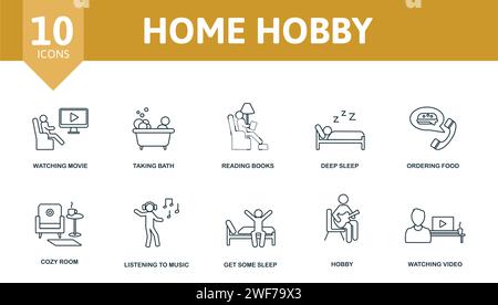 Home Hobby Set Symbol. Bearbeitbare Icons zum Hobbythema wie Filme ansehen, Bücher lesen, Essen bestellen und vieles mehr. Stock Vektor