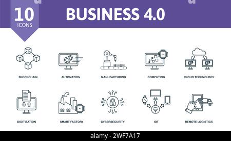 Business 4,0 Symbolsatz. Enthält bearbeitbare Symbole aus Industrie 4,0 wie Blockchain, Fertigung, Cloud-Technologie und mehr. Stock Vektor