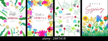 „Hello Spring“-Poster-Set mit abstrakten Zeichenblumen. Handgezeichnete Plakatkollektion mit Floral Art. Botanische Elemente auf Frauenferienbezügen. Banner mit Sommerblüten. Pflanzliche Pflanzen Postkarte Stock Vektor