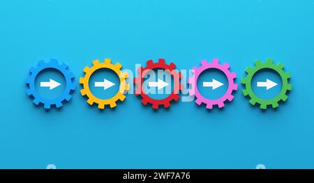 Geschäftsprozessschritte und Workflow-Automatisierungskonzept. Die notwendigen Schritte zur Erledigung der Arbeit ergreifen. Pfeilsymbole in Zahnrädern oder Zahnrädern auf blauem Ba Stockfoto