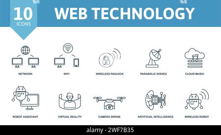 Symbolgruppe für Web Technology. Enthält bearbeitbare Symbole, Internet-Technologie-Themen wie Netzwerk, drahtloses Vorhängeschloss, Cloud-Musik und mehr. Stock Vektor