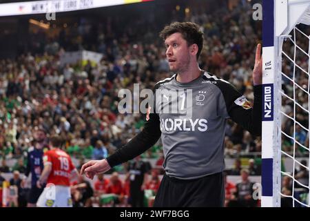 KÖLN, DEUTSCHLAND - 28. JANUAR Lanxess Arena, Männer EHF Euro 2024 Finale Frankreich - Dänemark v.l., Torhüter Niklas Landin Jacobsen (Dänemark), FREISTELLER Stockfoto