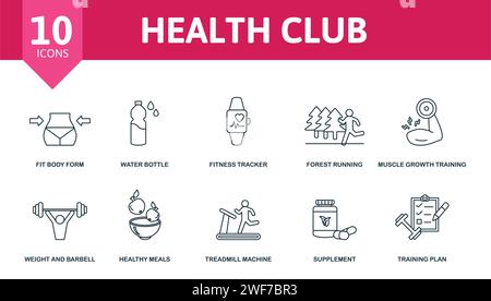 Symbol Health Club Set. Editierbare Symbole Health Club Themen wie Fit Body Form, Fitness Tracker, Muskelwachstum Training und mehr. Stock Vektor
